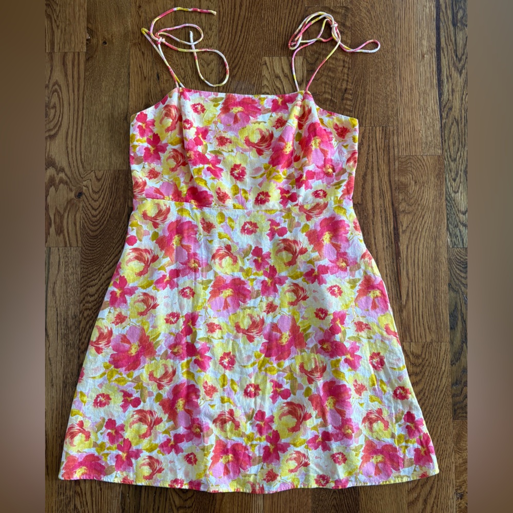 Linen Blend Yellow Pink Floral Tie-Shoulder Mini Dress Cottagecore Festival L
